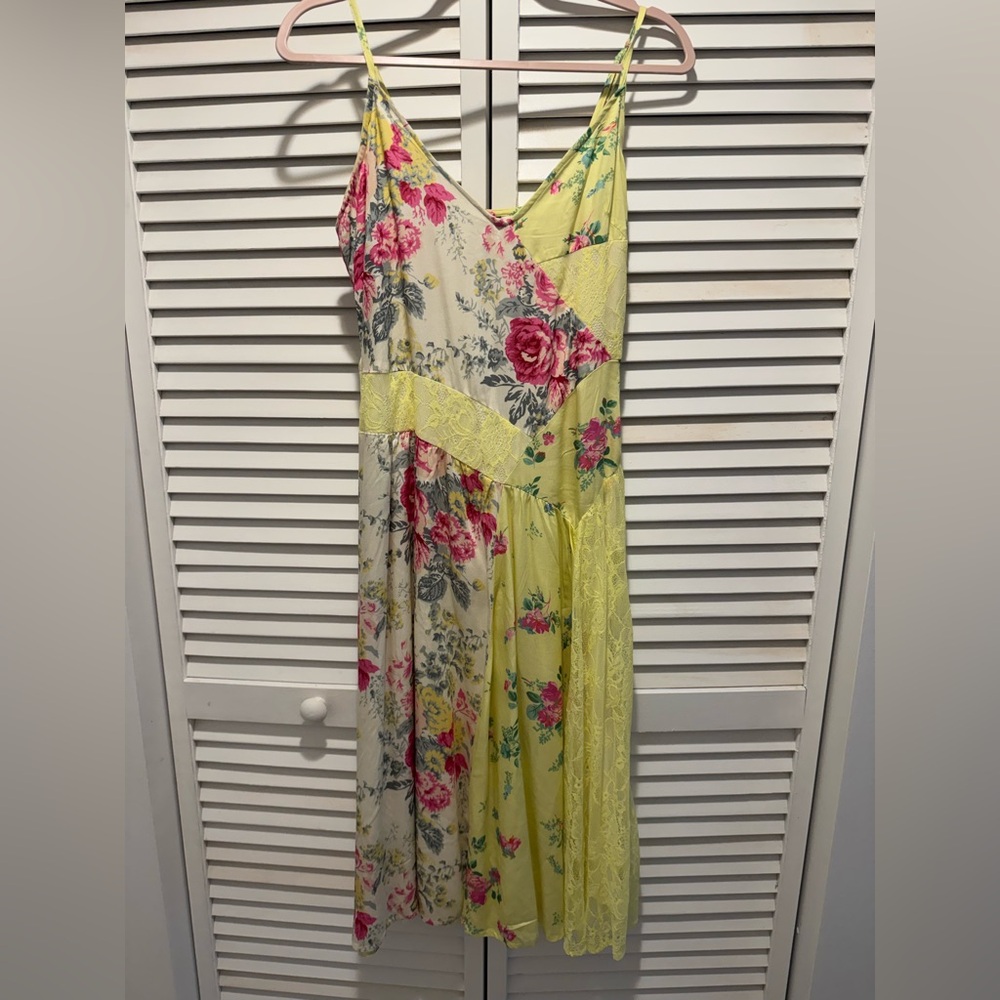 Anthropologie Yellow Floral Patchwork Slip Midi Dress